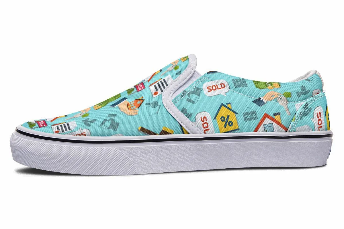 Real Estate Pattern Turquoise Slip-On Shoes